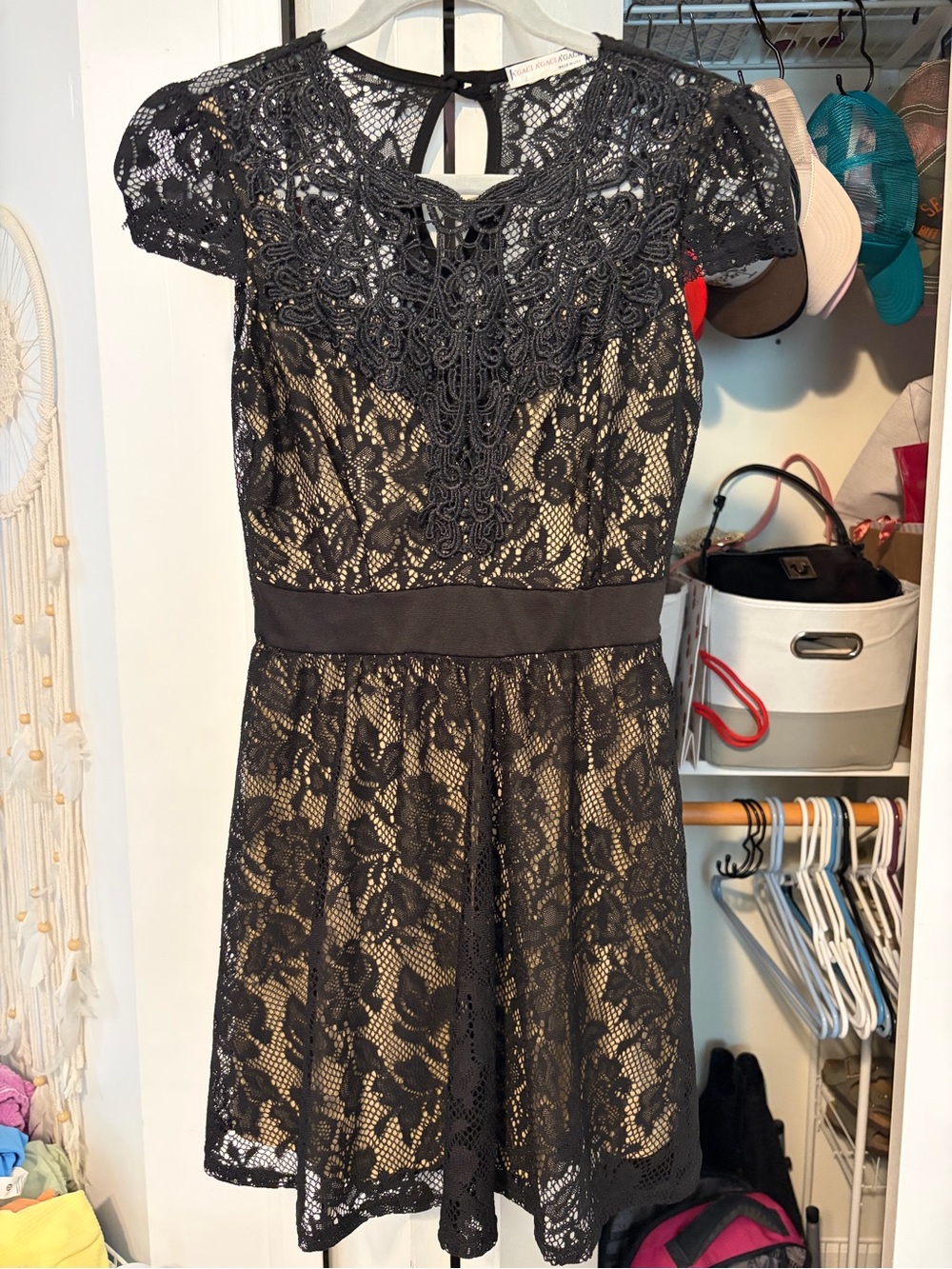 A’Gaci Beautiful Black embroidered Lace Fit & Flare Dress with Nude Lining